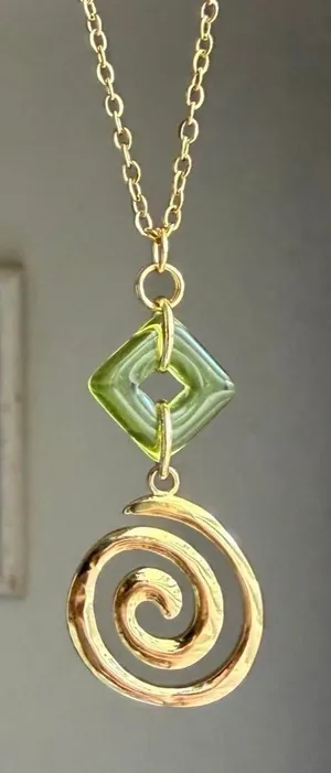 Handmade gold tone stainless steel spiral swirl uzumaki & Czech glass necklace🌀 thumbnail 1