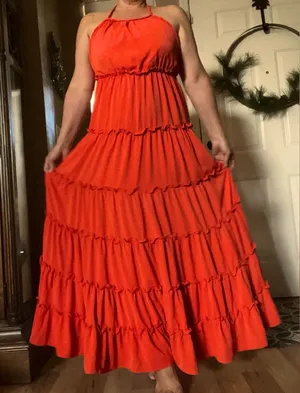Maxi Dress Halter Boho chic Romantic Tiered Orange M Fairy Cottage Core Festival thumbnail 1