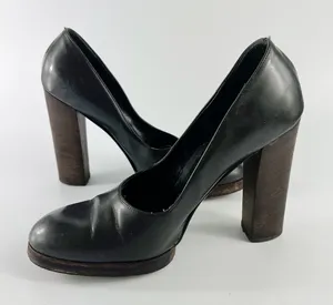 Gucci Vintage 90's Dark Taupe /Brown Leather Wood Platform Heels Shoes Women 8 thumbnail 1