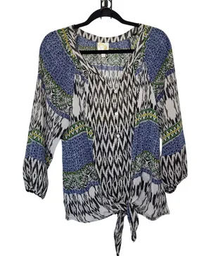 Anthropologie Fig & Flowers XL Boho Ikat Geometric Semi Sheer Tie Bottom Blouse thumbnail 1