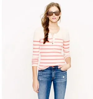 J. Crew Womens Waffle Thermal Henley Top Shirt Striped Blue Ivory Gold Button M thumbnail 2