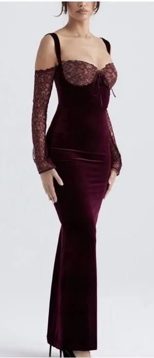 House of CB Ivy Black Cherry Velvet Maxi Dress XS thumbnail 1