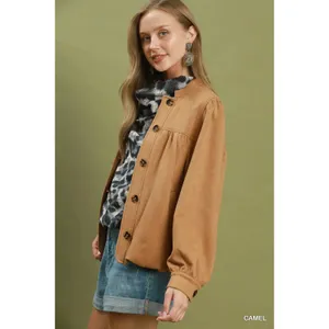 Umgee Suede Button Front Balloon Sleeve Jacket - Camel - Small thumbnail 2