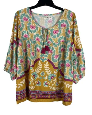 Natural Life Boho Floral Tassel Peasant Top M Mustard Teal Pink 3/4 Sleeve thumbnail 1