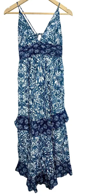 Abercrombie & Fitch Blue White Abstract Tiered Sleeveless Maxi Dress Womens Sz M thumbnail 1