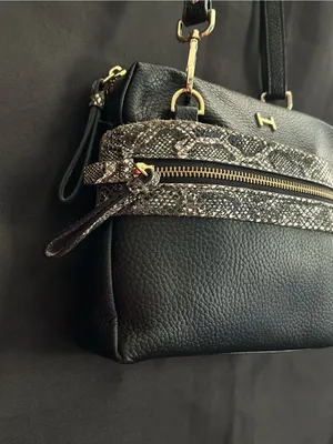 Halston Leather Black Crossbody Bag with Snake-Print Trim thumbnail 5