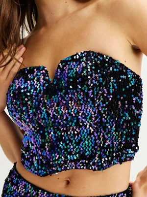 SO Clothing Velvet Black & Purple Sequin Strapless Bustier Top Disco Bling sz S thumbnail 1