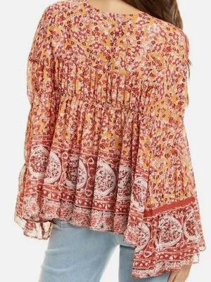 Free People Lorienne Rust and Pink Floral Border Peasant Blouse Boho Small thumbnail 2