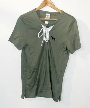 PINK Victoria’s Secret green tie front short sleeve shirt thumbnail 1