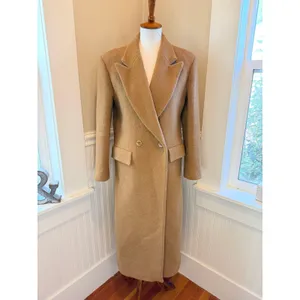 Sandro Straight Cut Brushed Wool Coat Double Breasted Long Camel Brown 36 S thumbnail 2