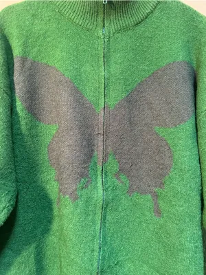 Vencede Women's Sz Medium Full Zip Sweater Green Gray Large Butterfly Print Soft thumbnail 5