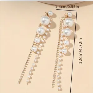 Faux Pearl Shiny Rhinestone Chain Tassel Design Dangle Earrings Elegant‎ thumbnail 8
