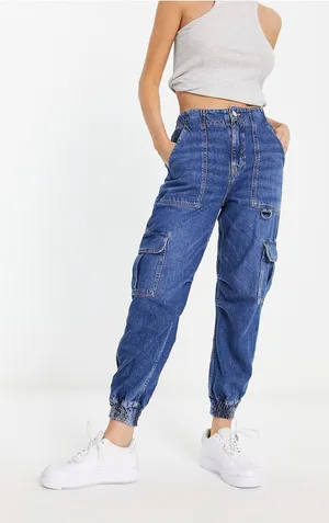 River Island High-Waist Blue Denim Cargo Jogger Jeans Size 10 NWT thumbnail 1
