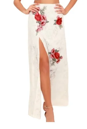 Crystal Doll White Floral Lace Slit Maxi Skirt Size 9 NWT thumbnail 1