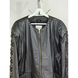 Vintage Women’s Black Leather Jacket Lace Up Studded Biker Y2K Punk Goth Size S thumbnail 4
