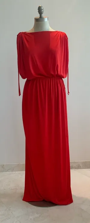 Vtg Bold Red Gathered-Waist Maxi Dress sz Sm-Med thumbnail 1