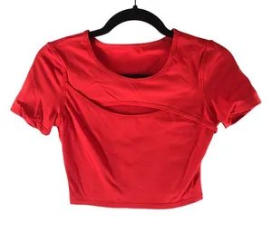 Halara Short Sleeve Cutout Crop Top Stretch Red S thumbnail 1