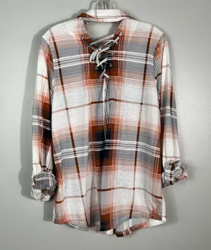 Modish Rebel Buckle White Orange Plaid Cutout Lace Up Back Button Down Western thumbnail 6