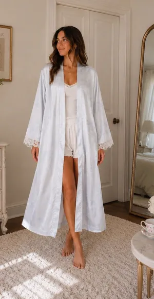 Jones New York Light Blue Satin Floral Lace Trim Robe | Size L/XL thumbnail 1