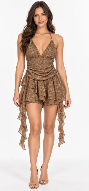 New Windsor Caught Up In Bloom Floral Mesh Ruffle Romper Brown Size XS thumbnail 1