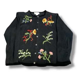 Susan Bristol Vintage Black Floral Embroidered Cotton Cardigan Dark Romance Knit Sweater thumbnail 11