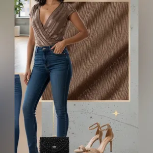 Bronze Shimmer Faux Wrap Bodysuit Plunge V-Neck Top Size S thumbnail 3