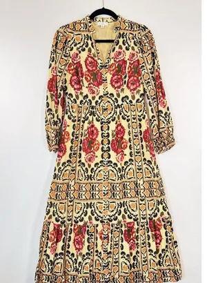 A Loves A Womens Dress Brown Vintage Floral Split V Neck Midi A Line Boho XS thumbnail 5