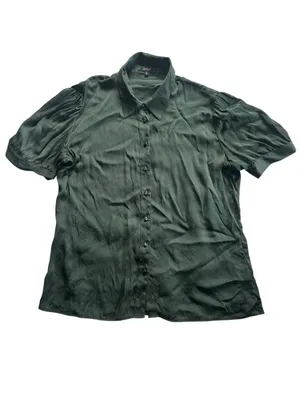 Quince Washable Stretch Silk Puff Sleeve Blouse Forest Green Sz M Contemporary thumbnail 7