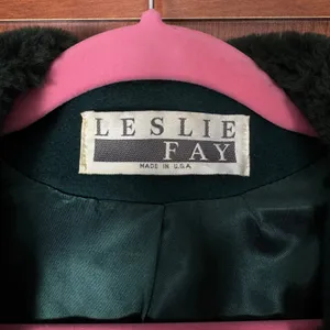 VTG Leslie Fay Wool Blend Coat Faux Fur Collar Cuffs Lined 12 Women's Dark Green thumbnail 5
