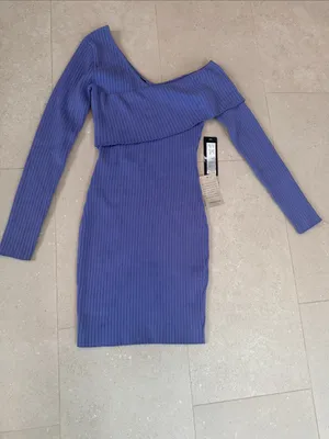 bebe Off-Shoulder Ribbed Mini Dress in Periwinkle thumbnail 2