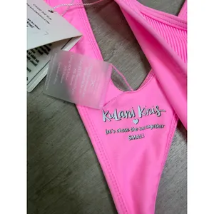 NEW Kulani Kinis Taffy Pink Ribbed Bikini Small Bind Tie Halter High Leg Thong thumbnail 6