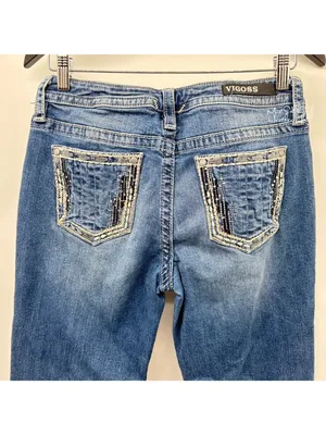 Vigoss Heritage Fit Distressed Sequin Embroidered Bootcut Jeans Size 6 thumbnail 3