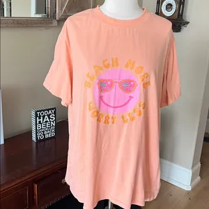 Beach More Worry Less Smiley Face Sunglasses Peach Women’s XL Pink Lily TShirt thumbnail 2