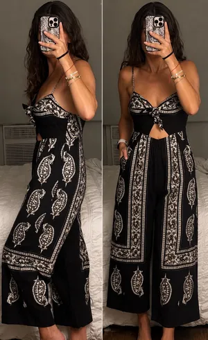 Free People Feel The Sun Jumpsuit NWT Black Paisley Wide Leg Size 2 thumbnail 2