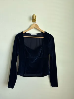 Abercrombie & Fitch Women's Blue Velvet Corset Top Long Sleeve Size Large thumbnail 4