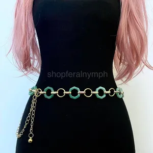 Gold Y2K Green Marbled Hexagon Open Ring Chain Belt, Fits 21-43 Inches, X7GA1356 thumbnail 2