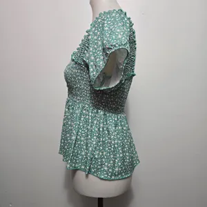 Willow + Root Peplum Top M Green Floral Smocked Square Neck Puff Sleeve Fairy thumbnail 3