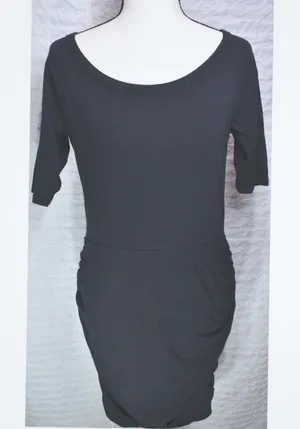 Athleta Black Ruched Bodycon Dress Short Sleeve Scoop Neck Small thumbnail 1