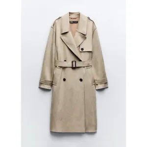 ZARA Faux Suede Trench Coat Belted Jacket Solid Tan Brown Pockets Outdoors Large thumbnail 10