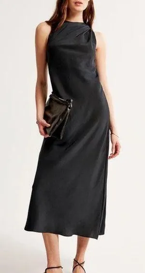 Abercrombie High Neck Column Black Satin Midi Corporatecore Dress Sz S thumbnail 1