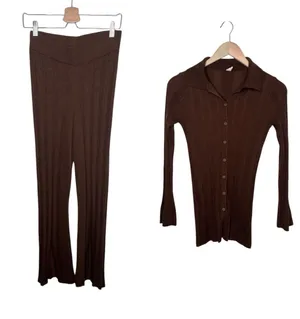 Anthropologie Daily Practice Brown Ribbed Knit Flare 2 piece Set XS/S thumbnail 1