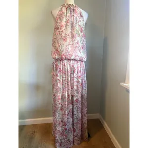 MISA Floral Halter Maxi Dress Pink Green XS/S Boho Chiffon flowy romantic whimsi thumbnail 11