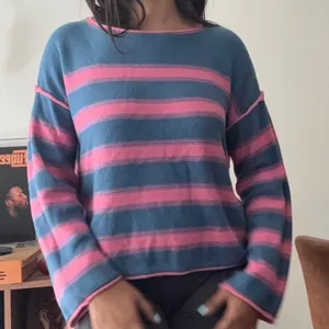 Blue and Pink Striped Slouchy Knit Sweater Boat Neck Large thumbnail 1