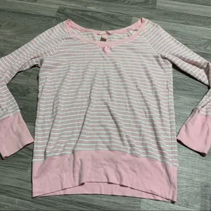 Victoria’s Secret light pink white silver striped Long Sleeve PJ Top; Medium thumbnail 1