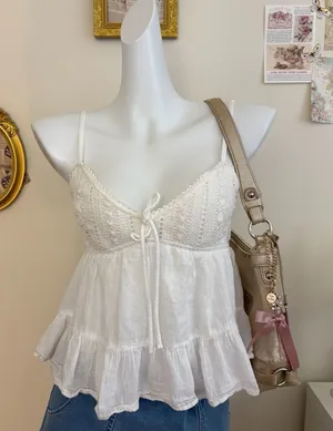 aeropostale white crochet eyelet lace babydoll cami top size s tiered ruffle hem thumbnail 1