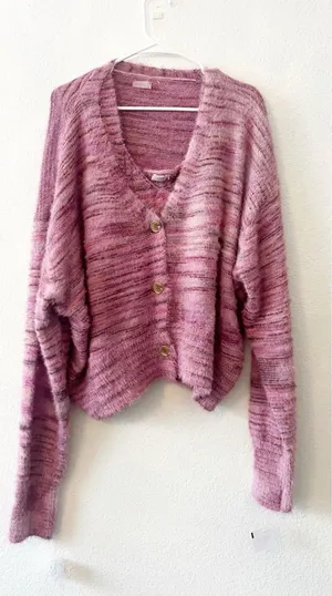 New Free People Movement Large‎ Fuzzy Sweater Cardigan Tank Pink thumbnail 1