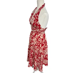Y2K Moda Red Floral 100% Silk Halter‎ Dress Ruched Waist Size 4 Romantic flowy thumbnail 5
