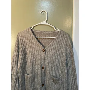 Women's Sz Medium Button Front Cardigan Heather Gray Oatmeal Ribbed Soft Pockets thumbnail 3