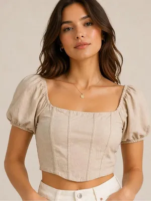 Kirious Los Angeles Blouse Summer New Smocked Corset Top Tan XL thumbnail 1