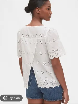 GAP White Eyelet Embroidered Woven scalloped hem Round Neck Blouse Top Size L thumbnail 2